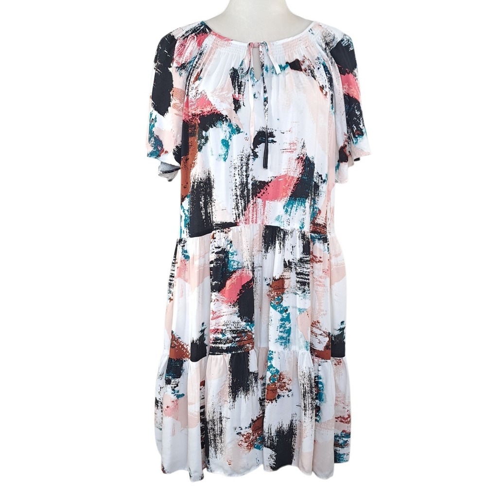 NINE WEST Dress M Multicolor Abstract Print Rayon Tiered Ruffle Short Sleeve